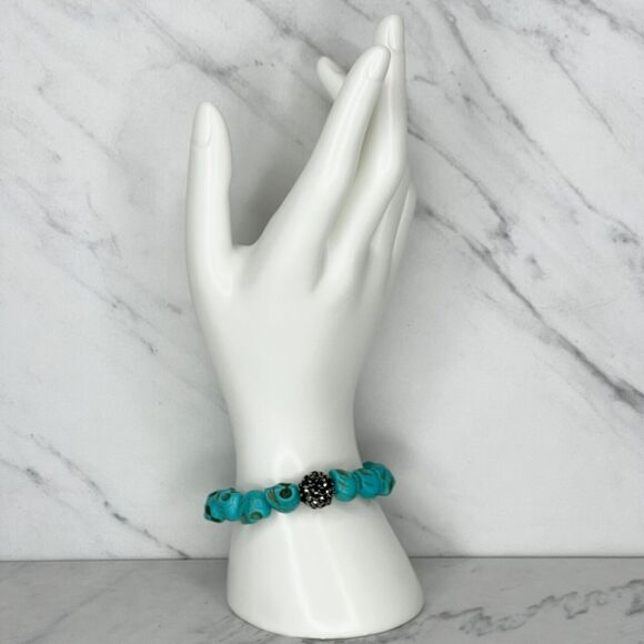 Faux Turquoise Skull Rhinestone Beaded Stretch Bracelet - Picture 2 of 10